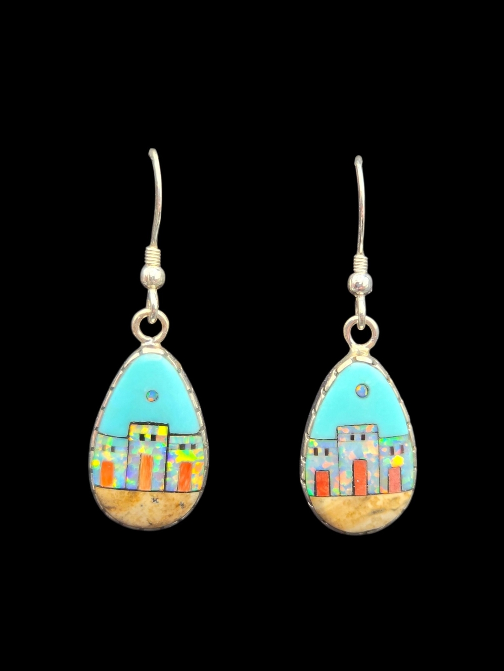 Turquoise Inlay Teardrop Dangle Earrings with Multicolor Mosaic